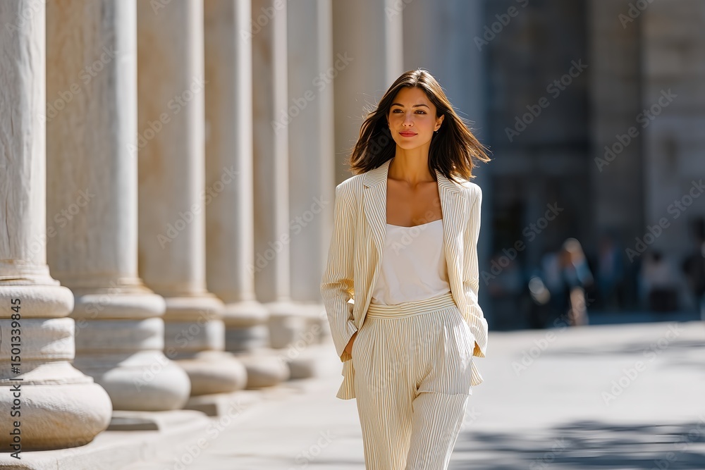 Fototapeta premium Woman Walking Near Stock Exchange Marble Columns in Neutral Business Suit with Clear Authority, Historic Financial District, Urban Business Scene, Corporate Confidence, City Architecture