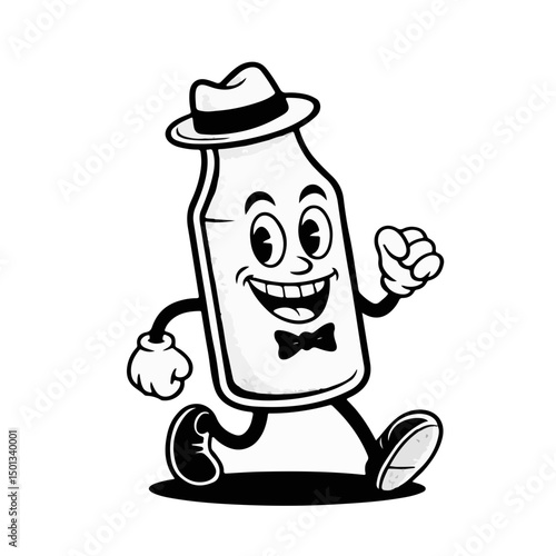 Vintage Cartoon milk bottle character walking cheerfully with a hat and bowtie in a fun, playful style
