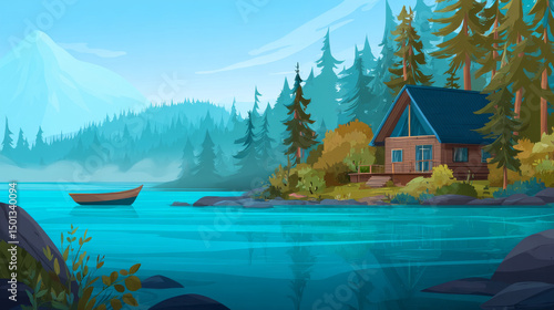 Cartoon cottage in forest near blue lake. Vector illustration of wooden house surrounded by old trees, green hills, boat floating on water surface. Beautiful landscape for summer glamping recreation