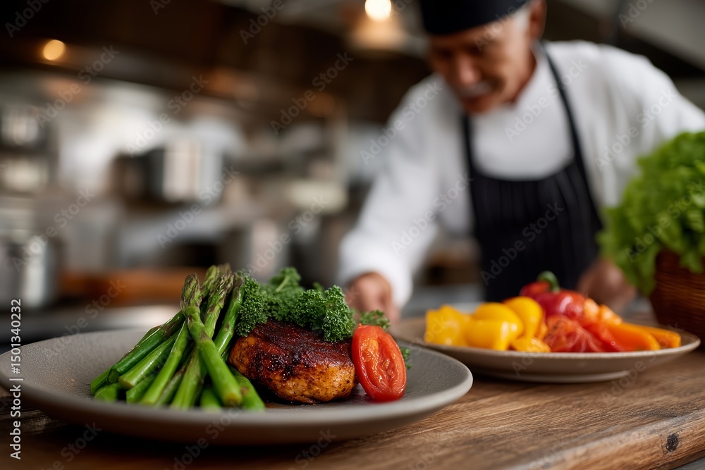 Chef Garnishing Dish at Pass Counter with Blurred Background Staff, Heat Lamps Glowing Above Plated Meals, Vibrant High-Pressure Kitchen Environment, Restaurant Kitchen, Food Preparation Chef Garnishing Dish at Pass Counter with Blurred Background Staff, Heat Lamps Glowing Above Plated Meals, Vibrant High-Pressure Kitchen Environment, Restaurant Kitchen, Food Preparation