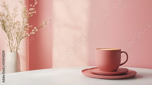 Pink Coffee Cup on White Table with Flowers, Soft Lighting, Interior Setting, Mockup, Studio Shot
