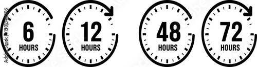 6, 12, 24, 48, 72 hours clock arrow. symbol work time, delivery and service time, isolated on white , vector icon Illustration