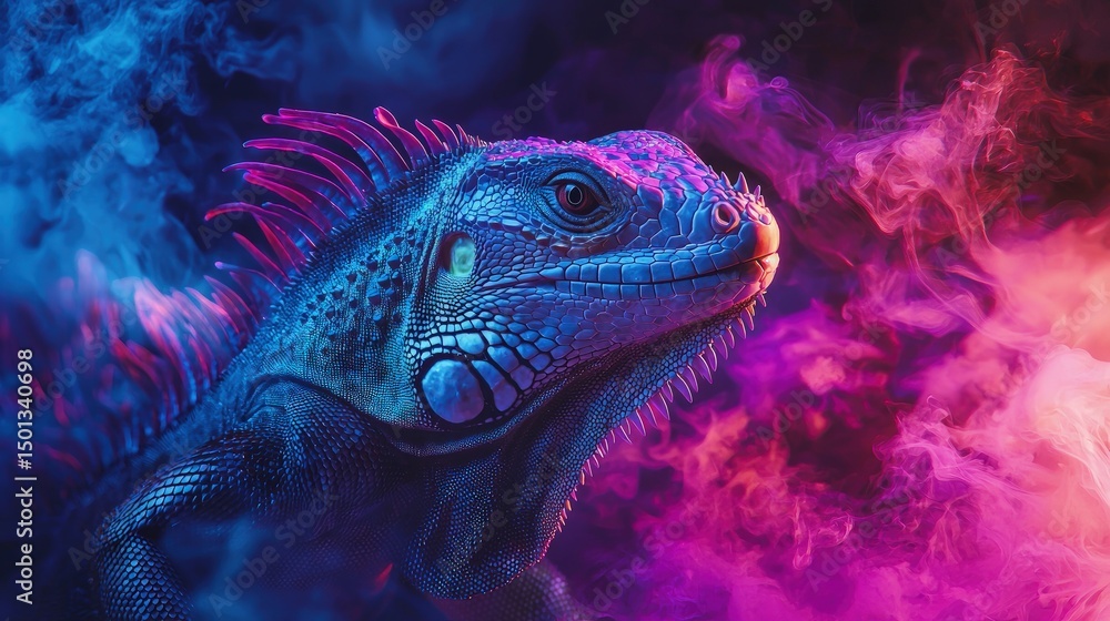 Fototapeta premium Vibrant, illuminated iguana in colorful smoke.