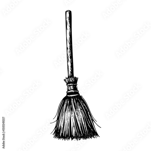 Broomstick sketch engraving black and white outline. Scratch board imitation.
