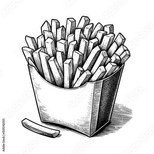French fries sketch engraving black and white outline. Scratch board imitation. Illustrated in vintage line art style on a white background.