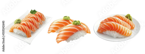 Assorted sushi salmon nigiri served on white plates with wasabi garnish ready for enjoying