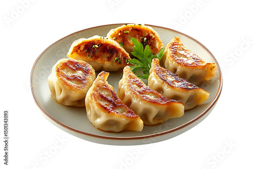 Plate of gyoza dumplings isolated on a transparent background.