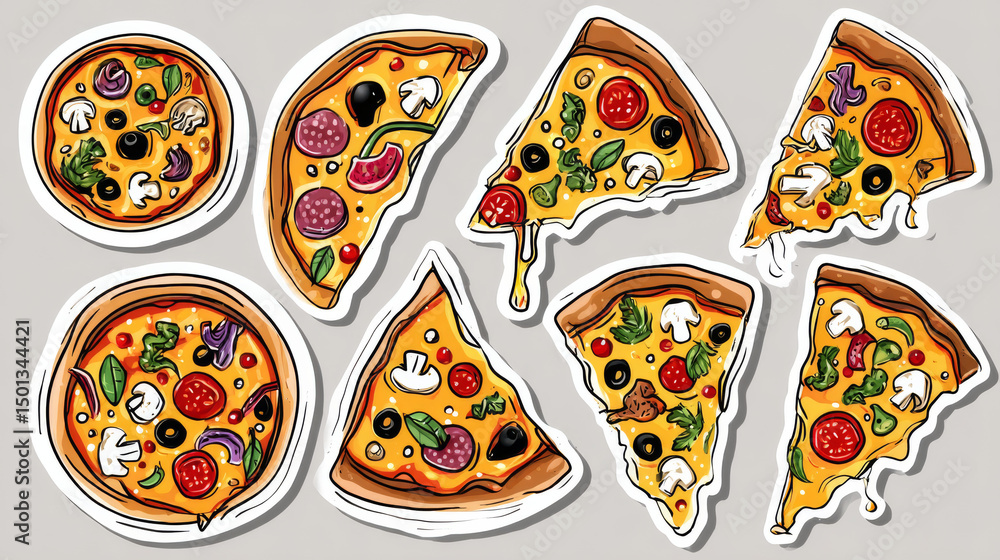 Fototapeta premium Cartoon pizza set top view - food stickers. Baked round and rectangular shapes with melted cheese and various toppings - salami and anchovies, mushrooms and olives, tomatoes, bell peppers and herbs.