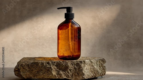 Amber bottle with black pump atop textured stone