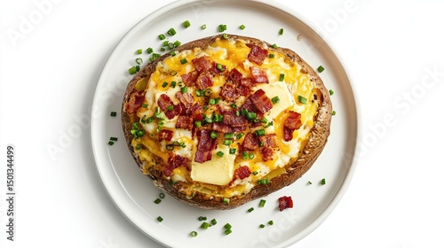 Baked potato with butter, cheese, and bacon bits, overhead view on white