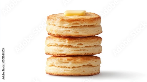 Buttermilk biscuits stacked with a pat of butter, isolated on a white background