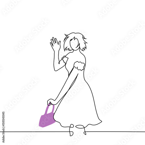woman in dress with bob hair fluttering in wind holds purple handbag standing and turning around waving hand - one line art vector. concept farewell, greeting