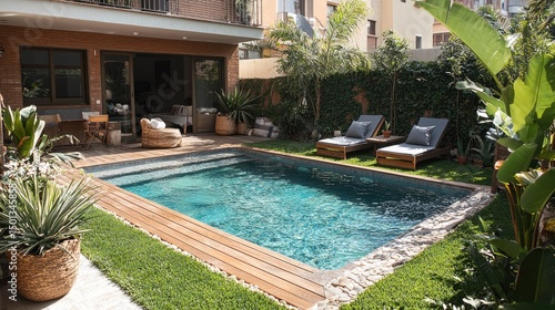 A small, modern pool surrounded by tropical landscaping.