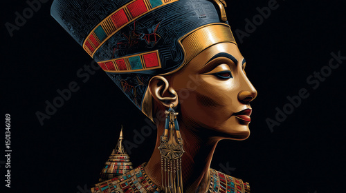 Statue of Nefertiti, queen woman pharaoh of ancient Egypt, cartoon vector illustration