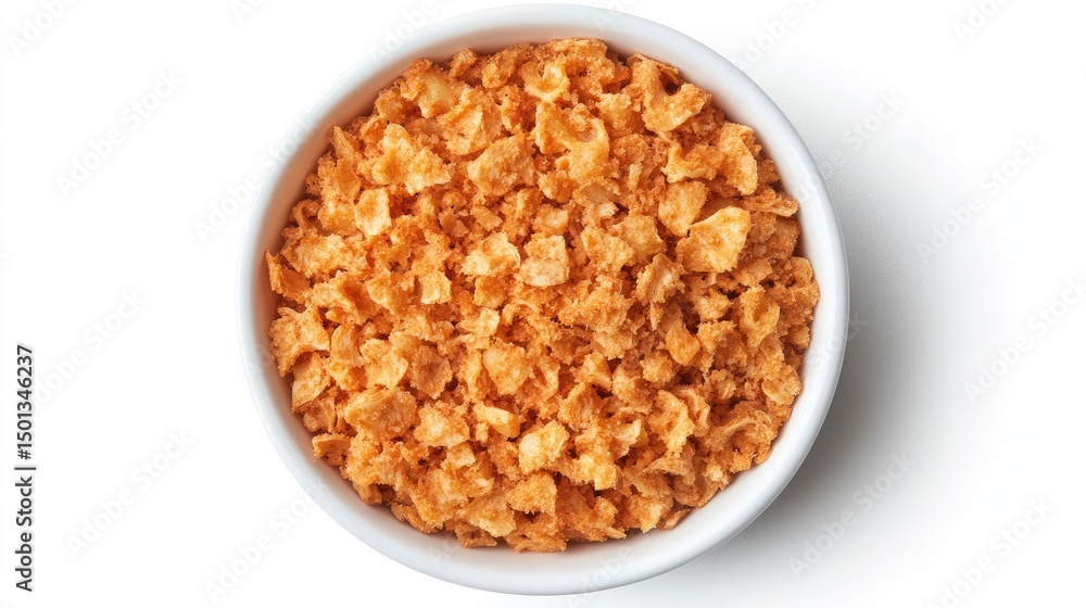 Loaded baked macaroni with breadcrumbs on top, overhead view on white Loaded baked macaroni with breadcrumbs on top, overhead view on white