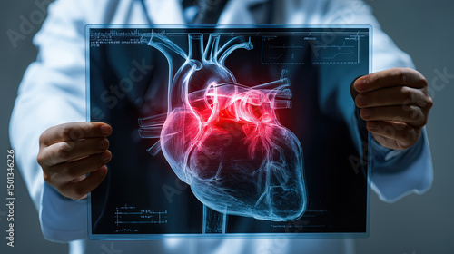 doctor holds an illuminated heart scan showing highlighted areas of concern, symbolizing cardiac diagnostics and medical analysis