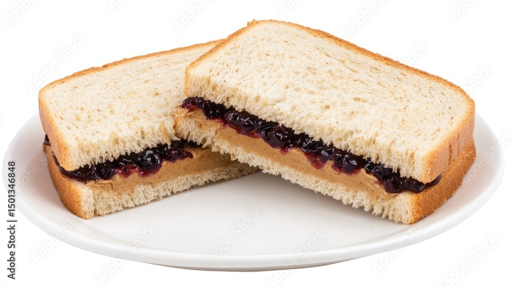 Peanut butter and jelly sandwich sliced in half, clean white plate and background Peanut butter and jelly sandwich sliced in half, clean white plate and background
