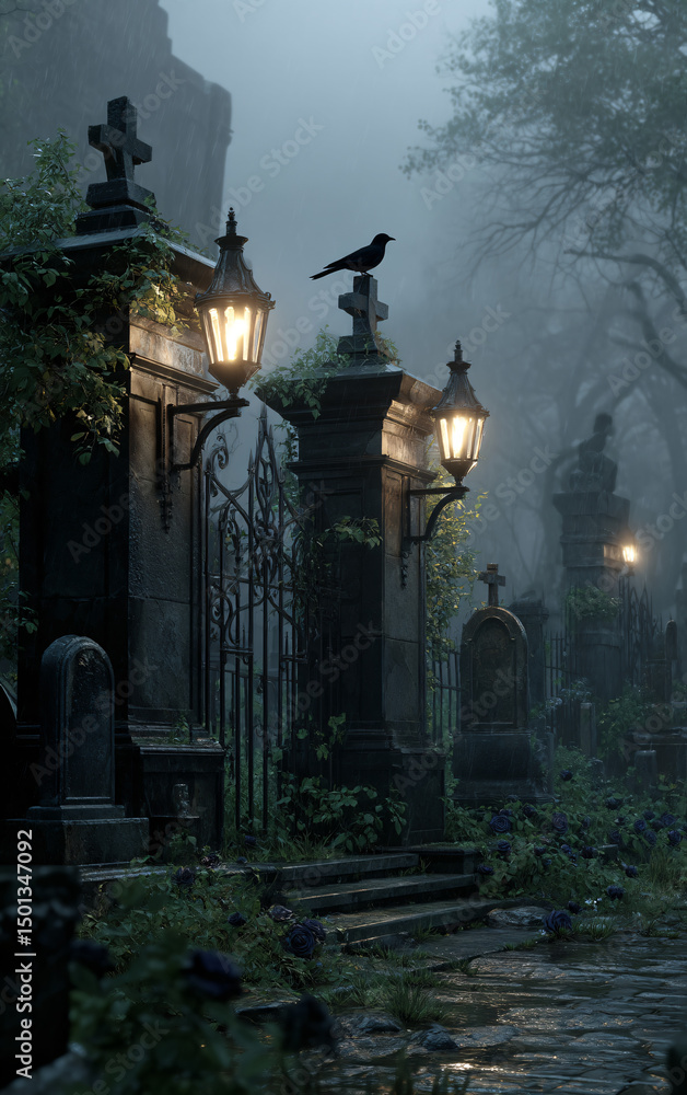Fototapeta premium dark atmospheric illustration of old gothic cemetery at night with vintage lanterns foggy overgrown paths tombs crosses and crows perched on gravestones creating spooky mysterious scene