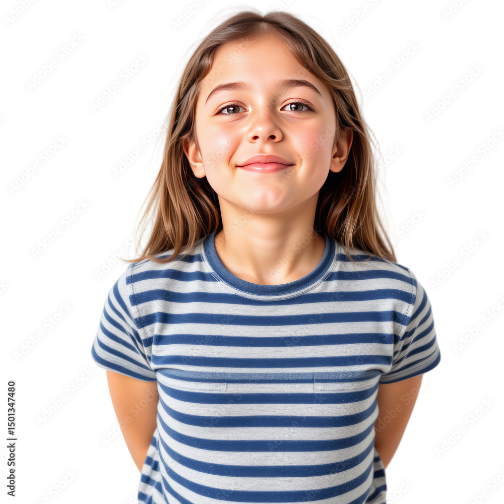 Girl in striped T-shirt with soft gaze, white background Girl in striped T-shirt with soft gaze, white background