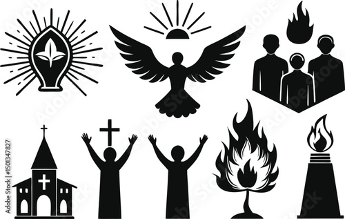 Pentecost Background Silhouette for Church Graphics. Holy Spirit Silhouette for Pentecost Sunday Design. Pentecost Flyer Illustration for Religious Events. Pentecost Silhouette Art