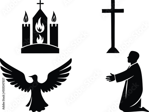 Pentecost Background Silhouette for Church Graphics. Holy Spirit Silhouette for Pentecost Sunday Design. Pentecost Flyer Illustration for Religious Events. Pentecost Silhouette Art