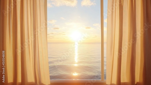 Sunrise over calm sea seen from small balcony with ceramic tiles and light curtains
