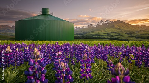 A panoramic HDR composite of a green digester dome in a field of lupine flowers, with high dynamic range capturing vivid sunset contrasts and saturated colors