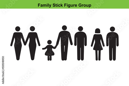 Extended Family Stick Figure Group - Generations, Togetherness Icon. Simple black stick figures representing a modern family group