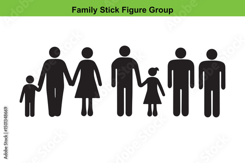 Extended Family Stick Figure Group - Generations, Togetherness Icon. Simple black stick figures representing a modern family group