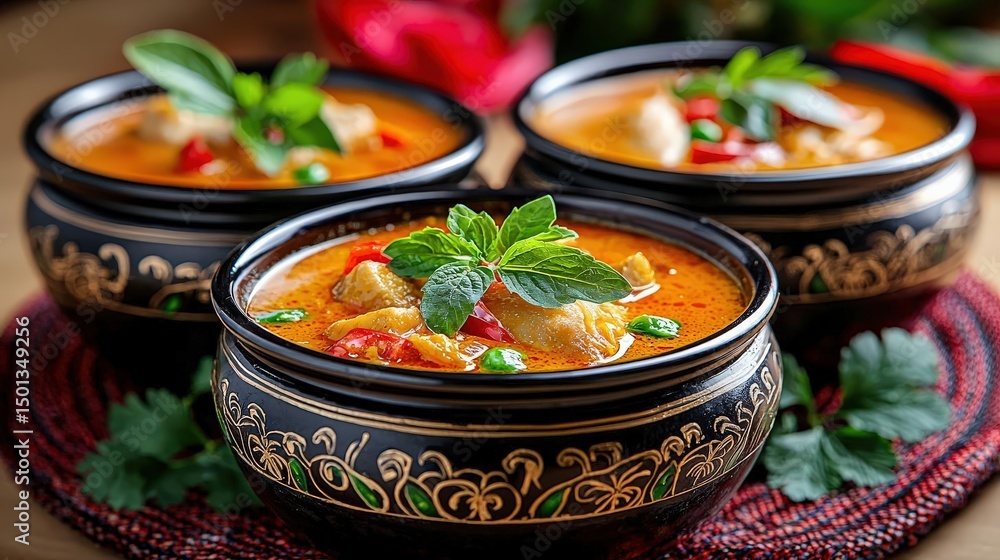 Delicious three bowls of vibrant, aromatic curry dishes. Delicious three bowls of vibrant, aromatic curry dishes.