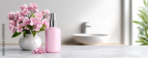Wallpaper Mural Longevity health anti-aging. Elegant Pink Serum Bottle with Flowers in Bright Spa Environment for Clean Beauty Routine and Skin Care Torontodigital.ca