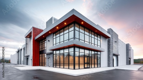 Wallpaper Mural A modern architectural building with sleek lines and large windows, situated under a beautiful sunset sky. Perfect for commercial and real estate concepts. Torontodigital.ca