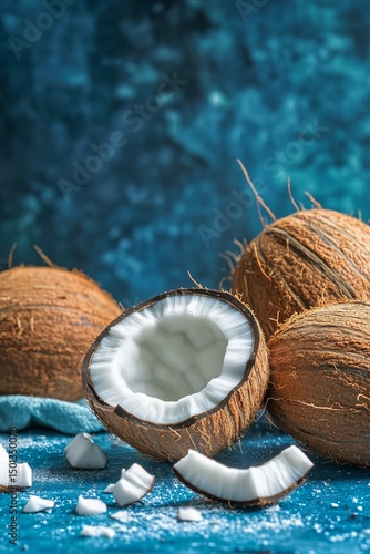 Fresh Coconuts on a Blue Textured Background With Coconut Flesh and Shavings ...