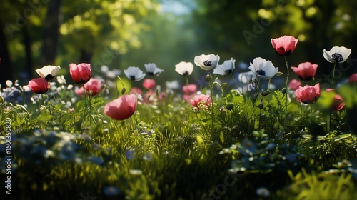 Colorful Wildflowers Blooming in a Serene Forest Setting During Bright Daylight