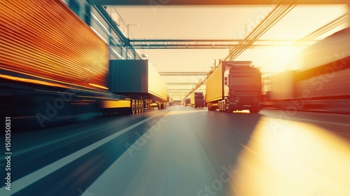 A line of trucks drive on the highway, the shot gives a sense of speed. Motion blur highlights the movement in the warm light.