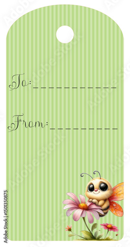 Cute gift tag with “to” and “from” text, light and dark green striped background, and a smiling cartoon bee resting on a small flower. Perfect for kids, spring, and party favors.