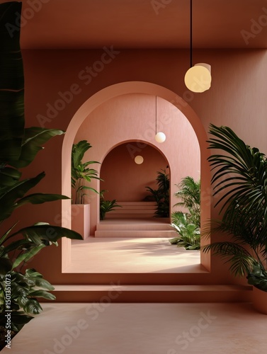 Elegant Hallway With Arches and Greenery in Warm Tones, Creating a Serene Atm...