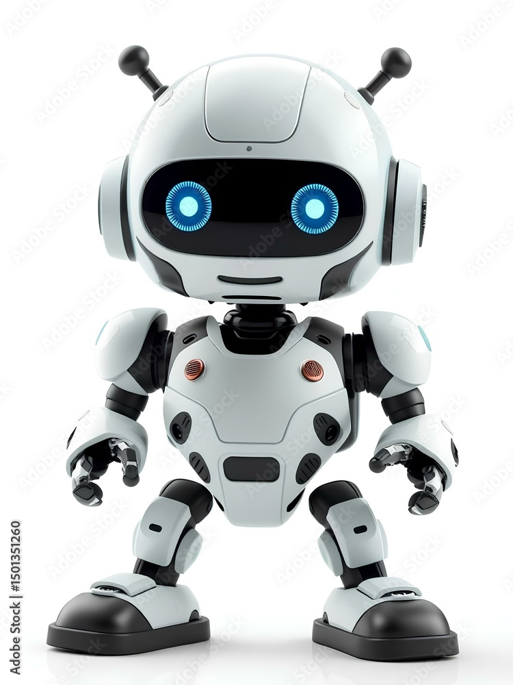 Futuristic robot with glowing blue eyes, standing confidently against a white background, showcasing advanced artificial intelligence and humanoid design Futuristic robot with glowing blue eyes, standing confidently against a white background, showcasing advanced artificial intelligence and humanoid design