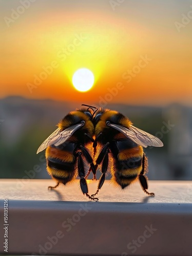 Bees Gathering Nectar at Sunset in a Vibrant Urban Garden