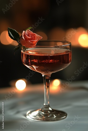 Delightful Cocktail Garnished With a Rose Displayed Elegantly Against Soft Gl...