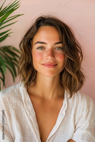 Portrait of a Smiling Woman With Wavy Hair in a Soft Pink Setting