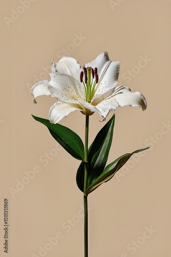 Elegant White Lily With Green Leaves Presented Against a Soft Beige Background