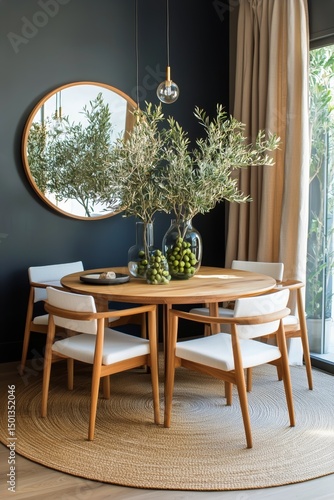 Elegant Dining Area With Olive Trees and Modern Decor in a Sunlit Interior Space
