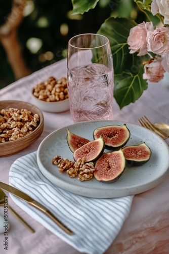 Fresh Figs and Walnuts Arranged on a Table With Floral Accents and Sparkling ...