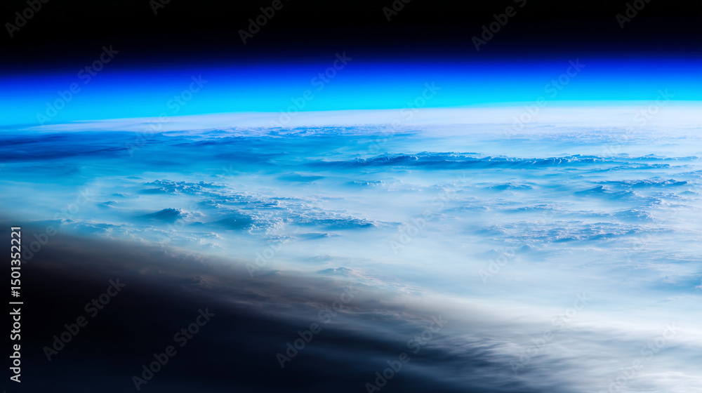 Fototapeta premium Aerial view of Earth's atmosphere with glowing blue ozone layer and dark gap symbolizing depletion, environmental protection and climate change awareness concept.