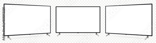 Realistic blank flat screen TV mockup from angled views on transparent background.