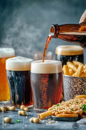 Craft Beer Being Poured Into a Glass With Snacks in a Cozy Pub Atmosphere