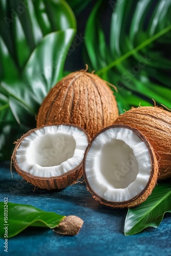Fresh Coconuts on a Blue Textured Background With Coconut Flesh and Shavings ...