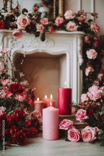 Romantic Floral Arrangement With Candles Surrounding a Fireplace Adorned With...