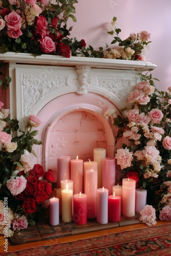 Romantic Setting With Candles and Roses Arranged Around a Fireplace in a Cozy...